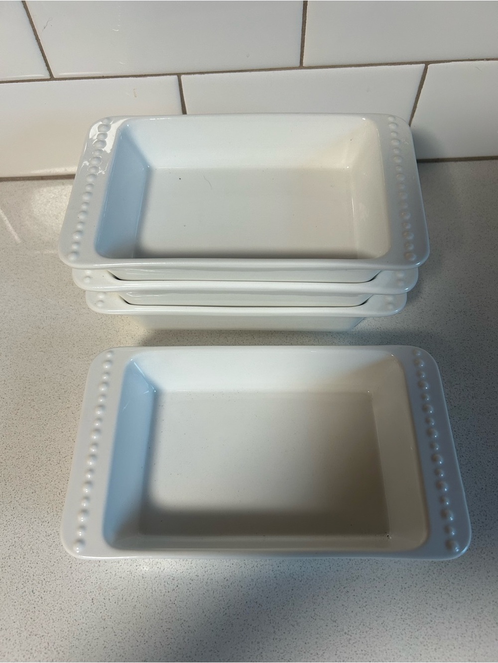 White Beaded Edge Rectangular stoneware baking Ramekins - Set of 4